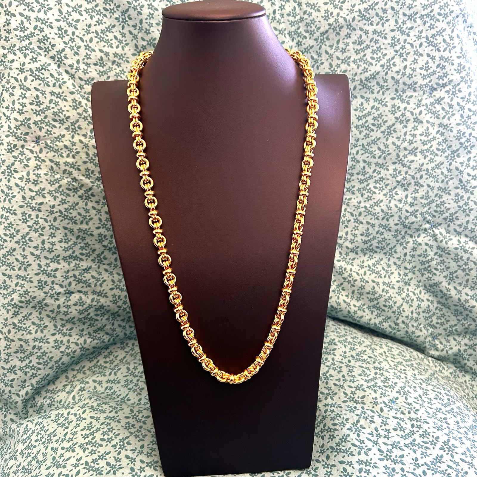 Gold Tone Byzantine Chain Necklace, Spring Ring Clasp, No Stone