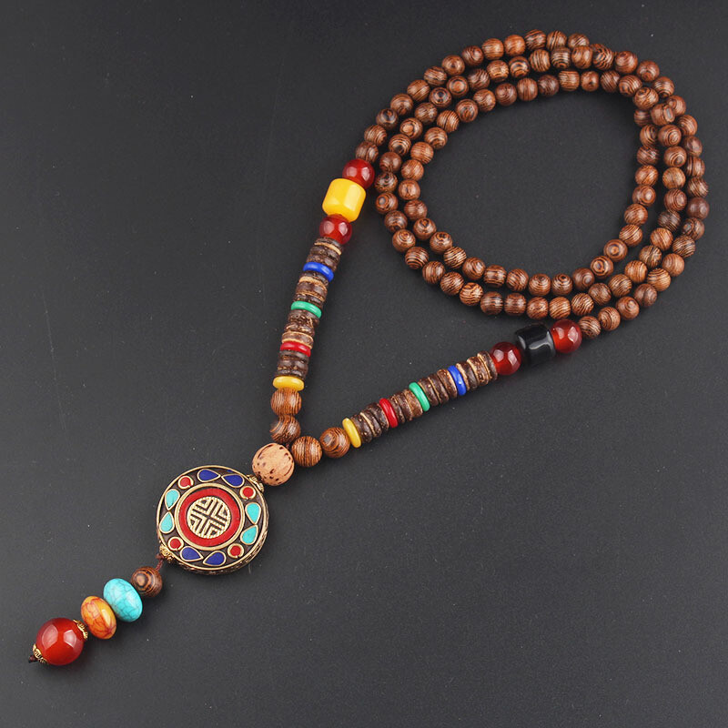 Nepal Long Buddhist Wood Beaded Pendant Necklace Ethnic Buddha Lucky Jewelry