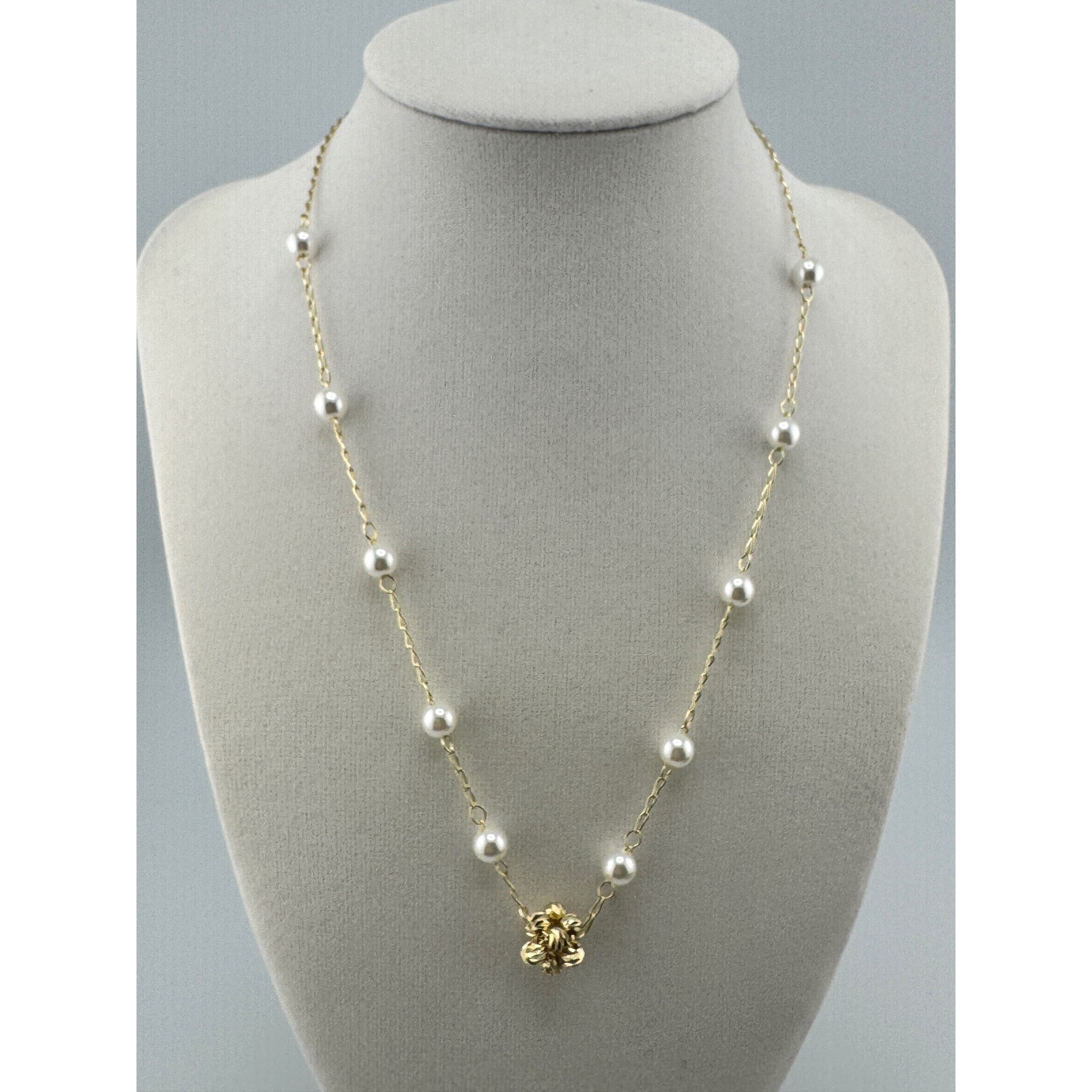 Gold Tone Pearl Station Necklace Textured Knot Floral Pendant Adjustable Chain