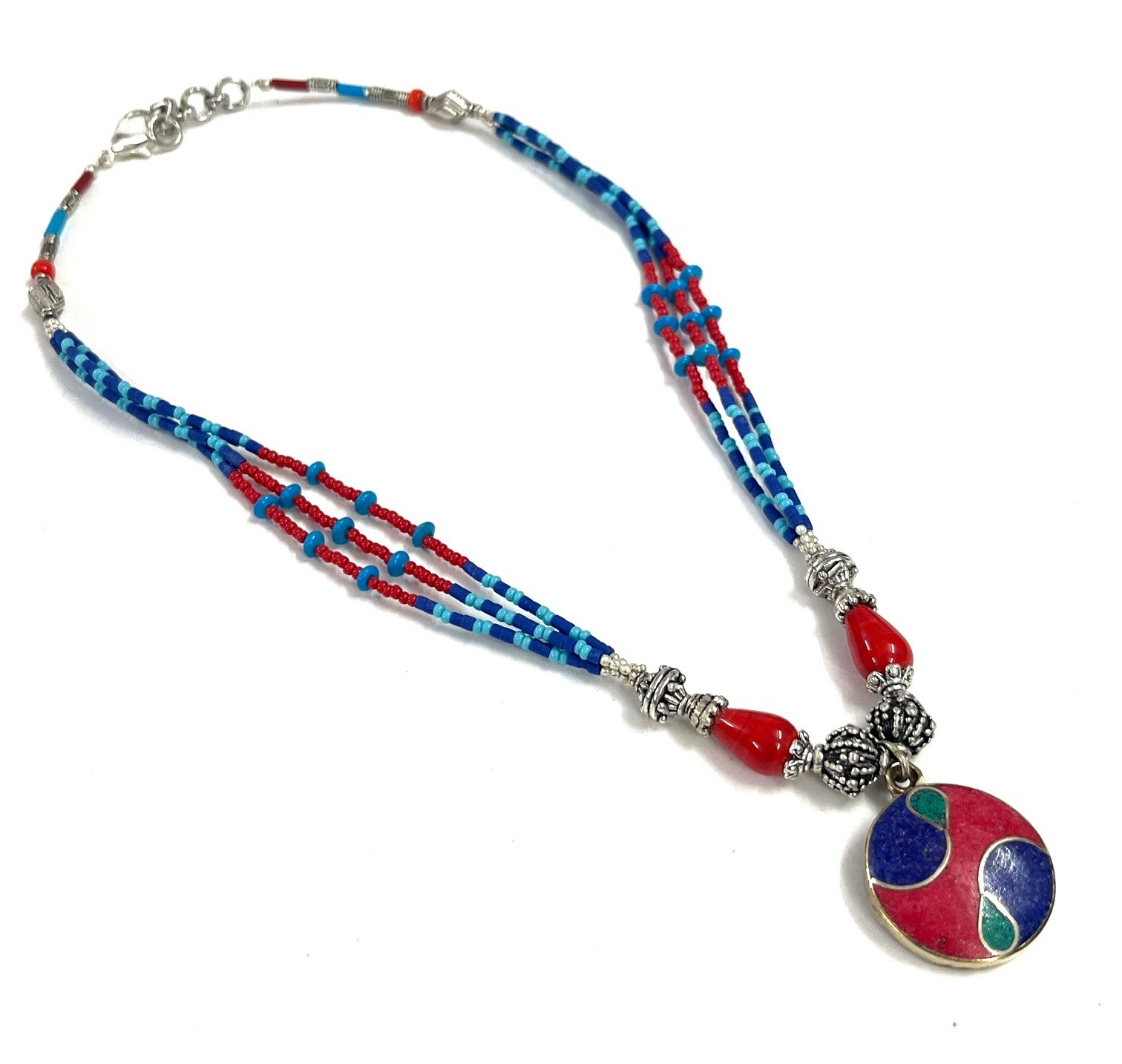 Ethnic Coral Lapis Gemstone Tibetan Art Deco Necklace Jewelry, 17 inch Adjus