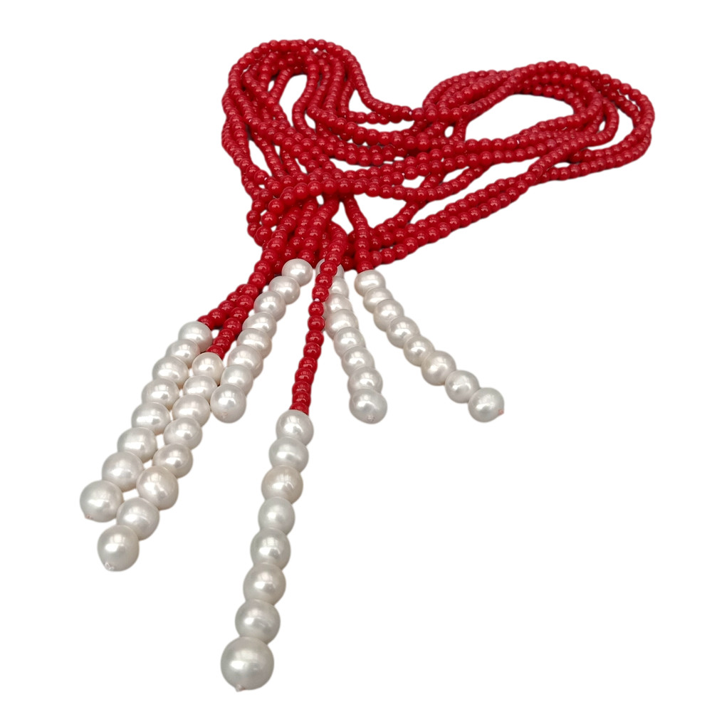 3 Rows Red Coral Cultured White Pearl Lariat Long Necklace 50″
