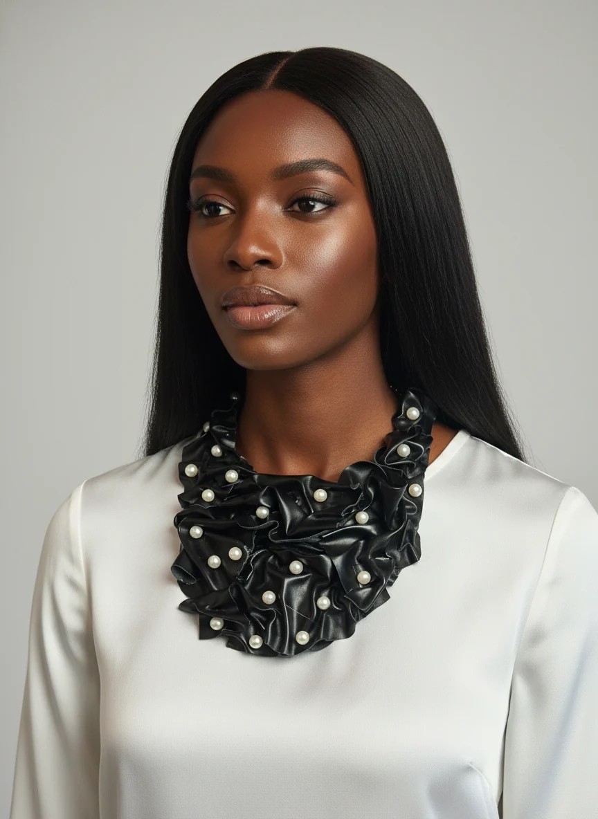 Pearl-Embellished Black Leather Ruffle Necklace – Couture Statement Jewelry