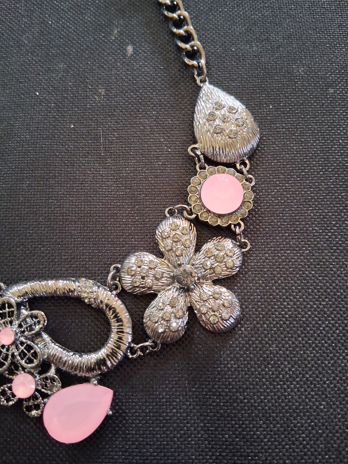Black Metal Grey And Pastel Pink Flower Necklace