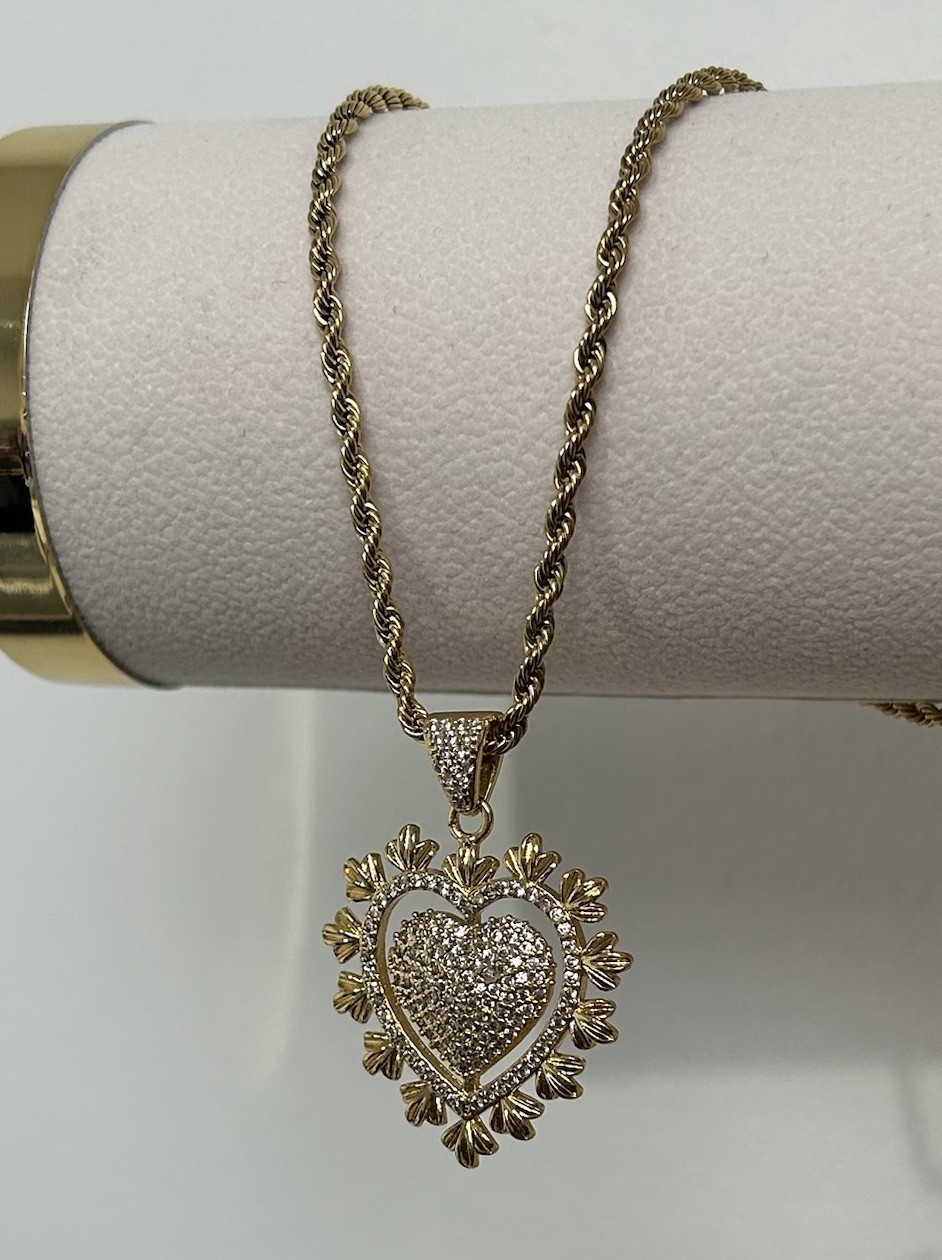 Large 9K Vintage CZ Heart Pendant Necklace 50cm Rope Chain 9ct Gold Filled