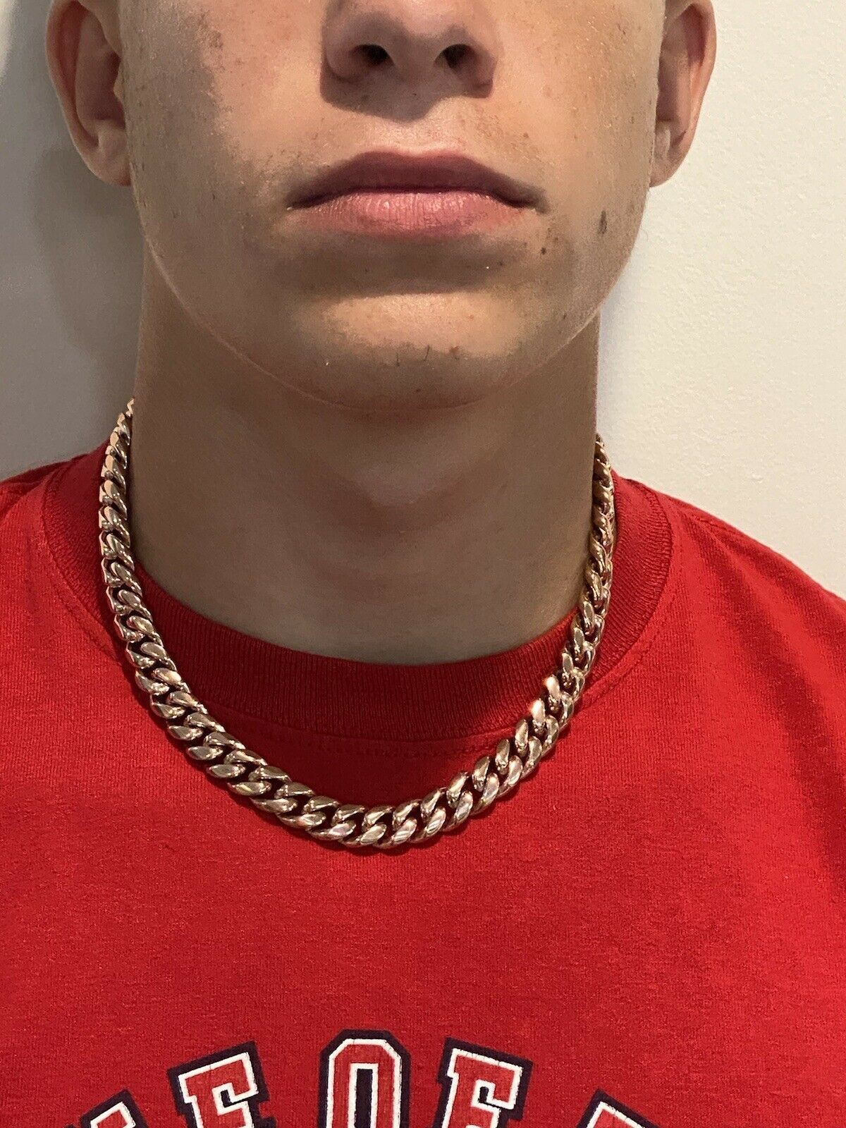 12mm 20″ Mens Miami Cuban Link Choker 14k Rose Gold Plated Stainless Steel Chain