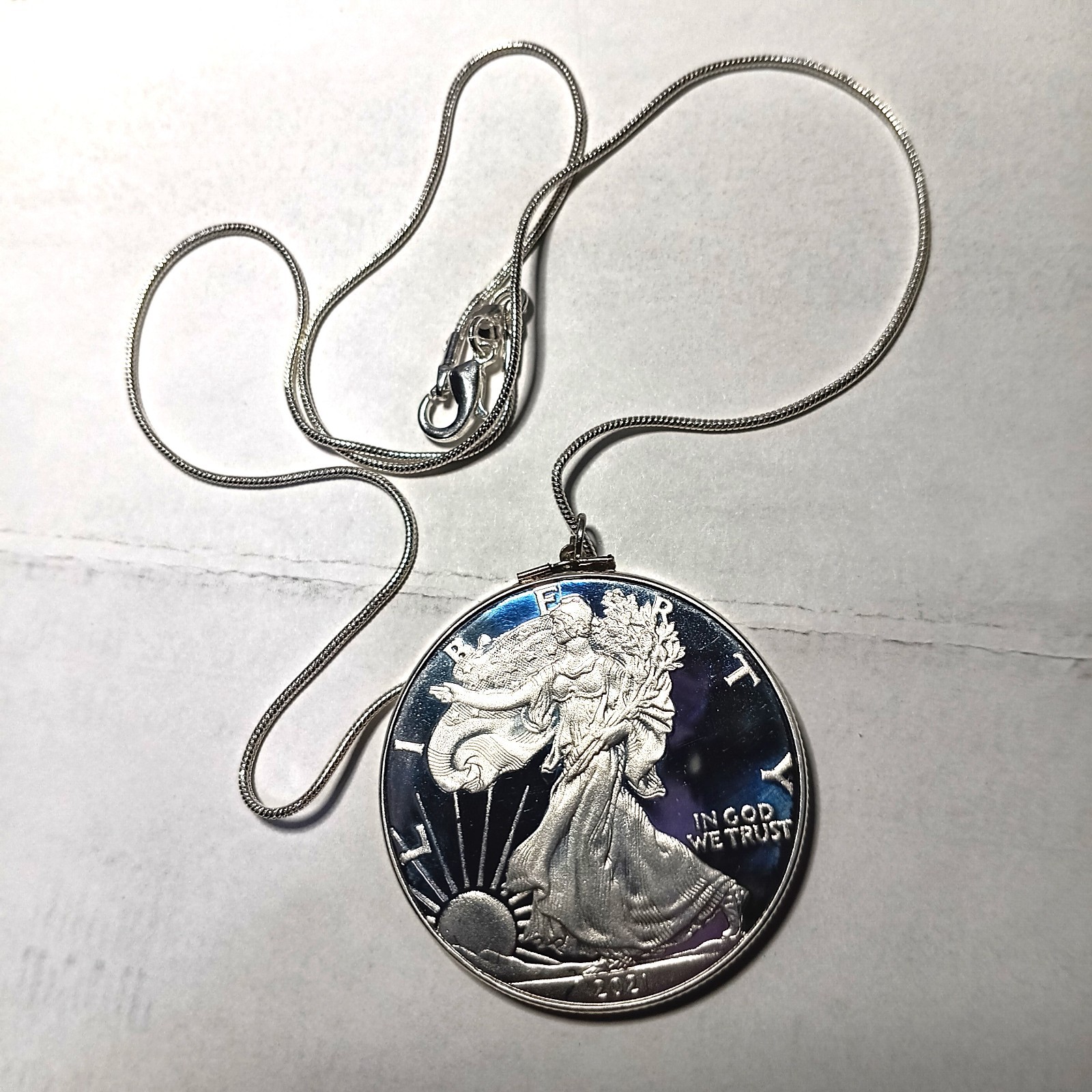 Silver-Plated Coin Necklace w/20″ 925 Sterling Solid Silver 1mm Snake Chain