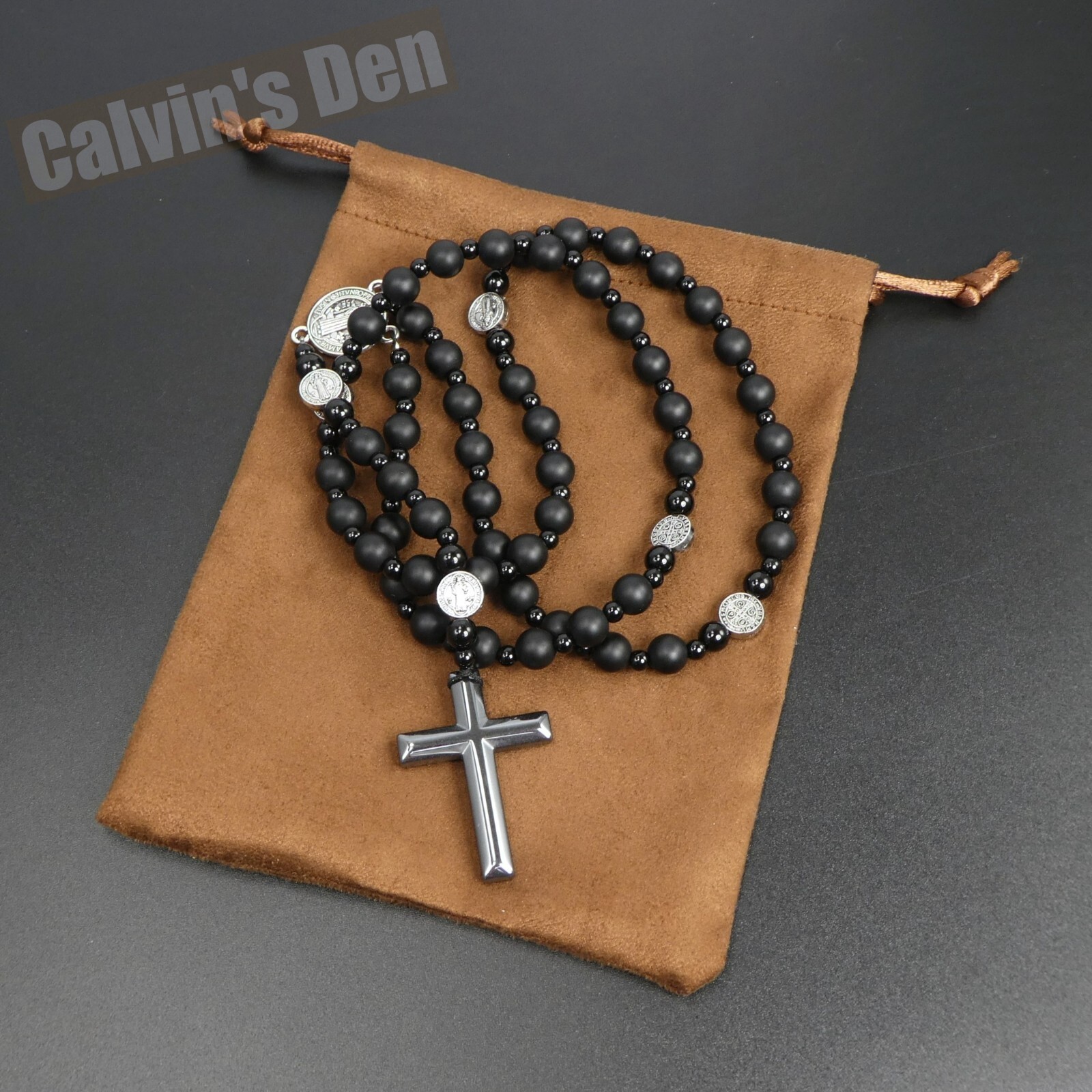 St Benedict Black Obsidian Onyx Black Hematite Cross Rosary Necklace Men Gift