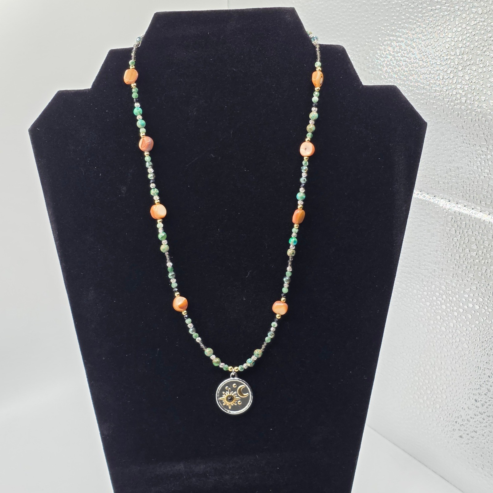 Bohemian Celestial Sun Moon Beaded Necklace Orange Shell Turquoise Stone Pendant