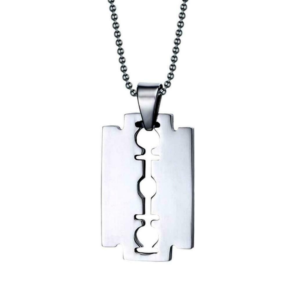 STAINLESS STEEL RAZOR BLADE PENDANT NECKLACE Chain Silver Charm Men Dog Tag