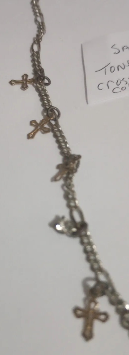 SAO Silver/Gold Tone Small Dangling Crosses And Colorless Stoned 16″necklacr