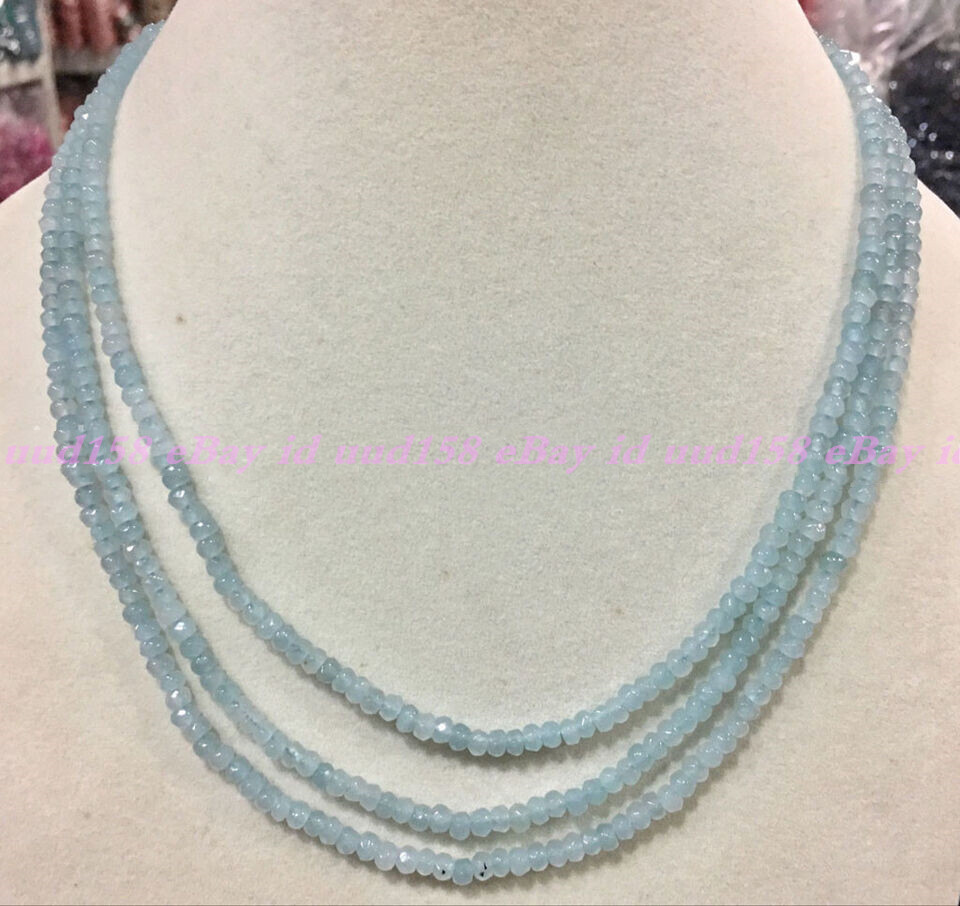 3 Rows Faceted Light Blue Aquamarine Rondelle Gems Beads Necklace 17-19” AAA