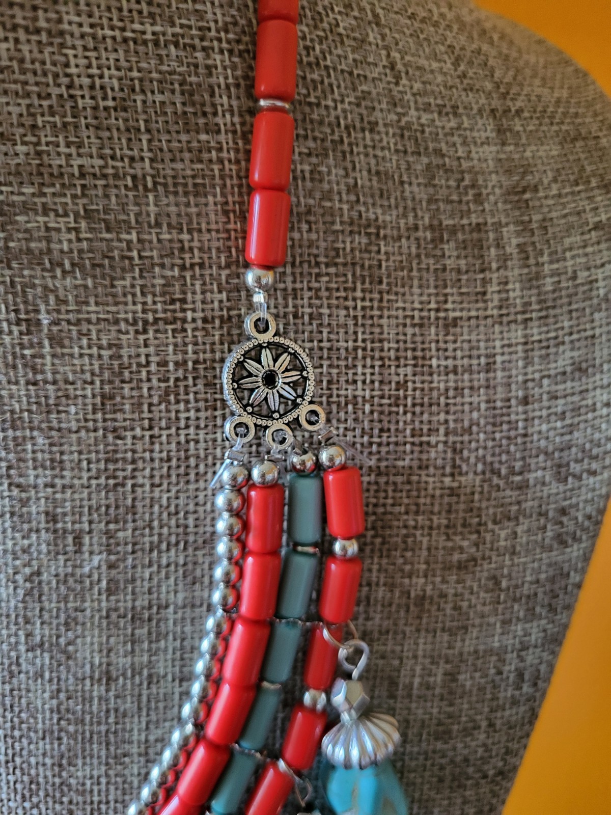 Tibet or Nepal stylebturquoise and coral statement bib necklace wiyh earings