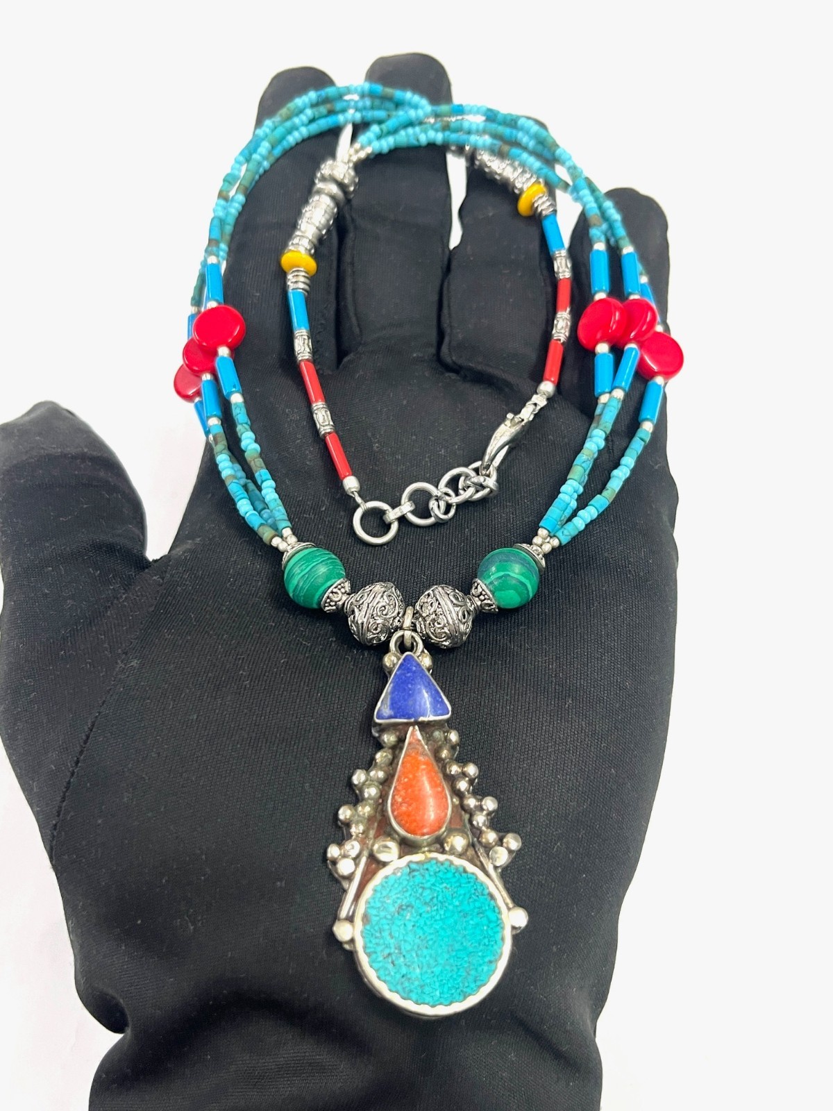 Ethnic Turquoise Lapis Gemstone Tibetan Pendant Necklace Jewelry, 17 Inch Adjust