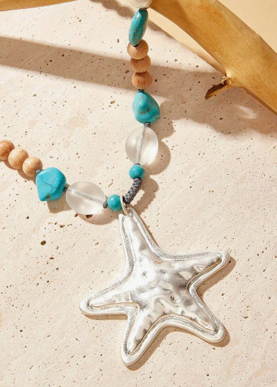 Silver Starfish Necklace Turquoise Beaded Blue Bohemian Vacation Beach Jewelry