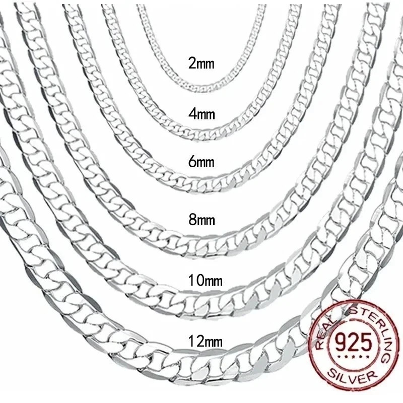 Solid 925 Sterling Silver Curb Chain Necklace Men Women Wedding Engagement Gift
