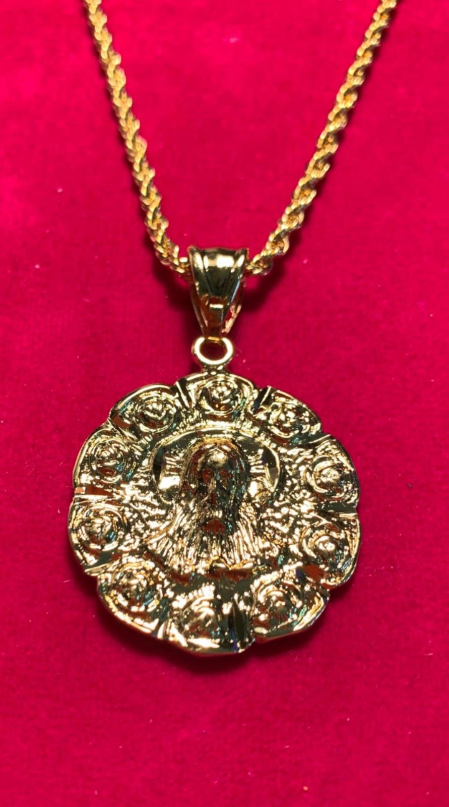14KT GOLD PLATED 2 SIDED JESUS/VIRGIN MARY MEDALLION W/30″ 2.5MM ROPE CHAIN-3511