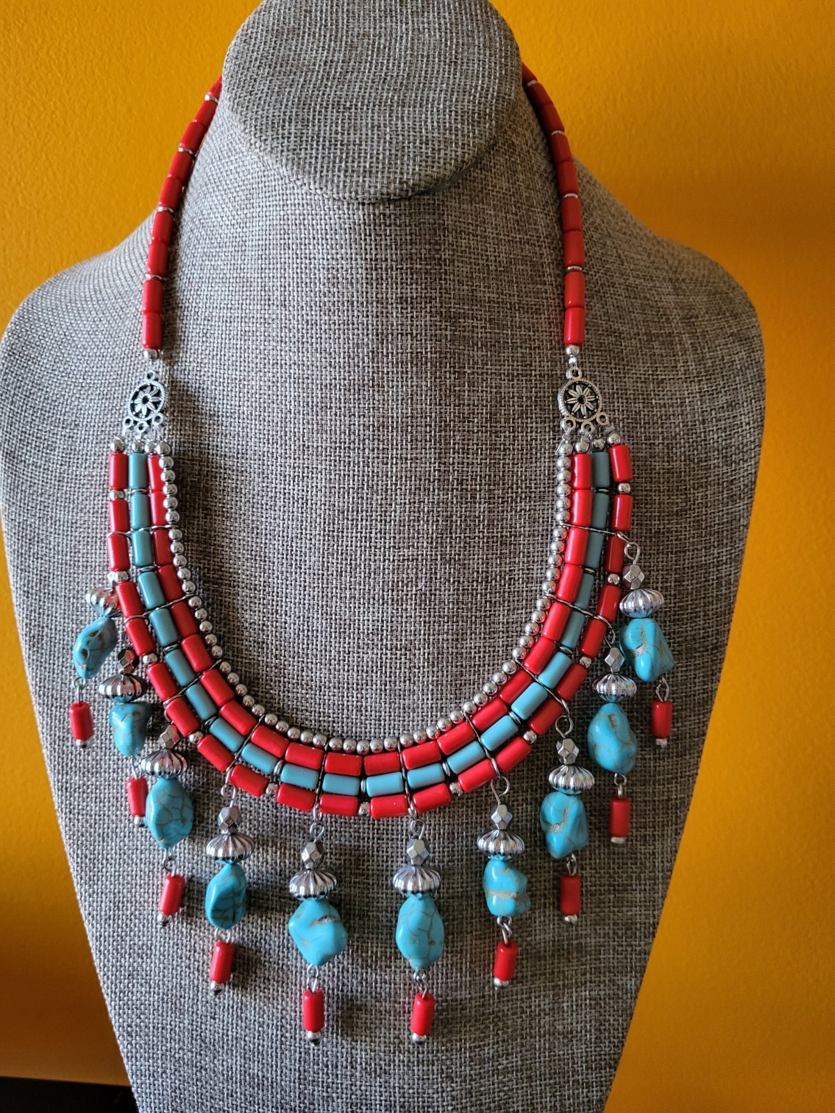 Tibet or Nepal stylebturquoise and coral statement bib necklace wiyh earings