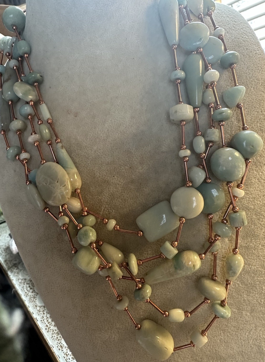 Multi Strand Amazonite Green Gem Stone Lg. Bead Aqua copper Necklace Balance