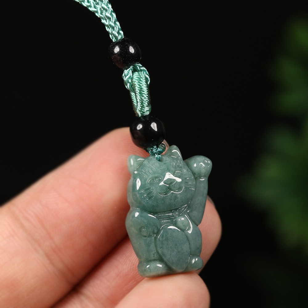 Certified Grade A Green 100% Natural Jadeite Jade Pendant Lucky Money Cat A10400