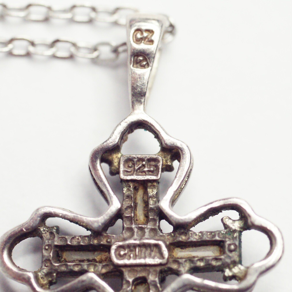 Sterling Silver Openwork White Colorless CZ Cross Pendant Cable Chain Necklace