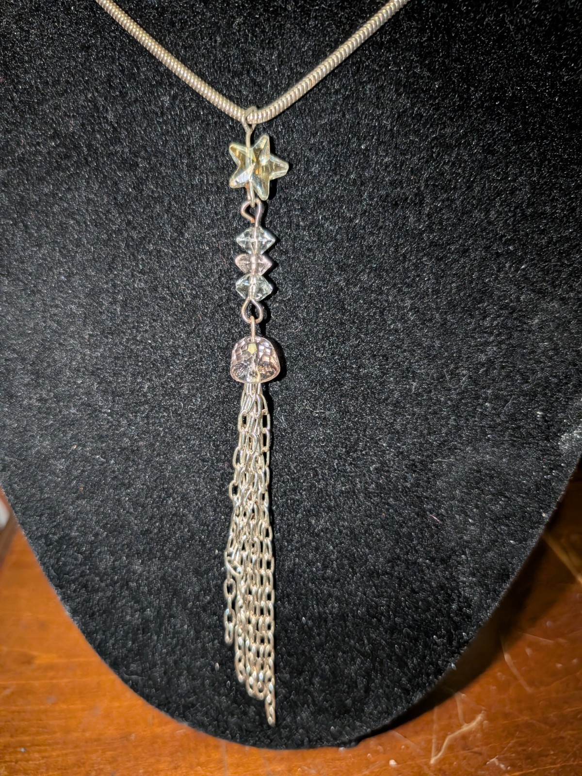 Silver Snake Chain Star Tassel Pendant Necklace Crystal Lobster