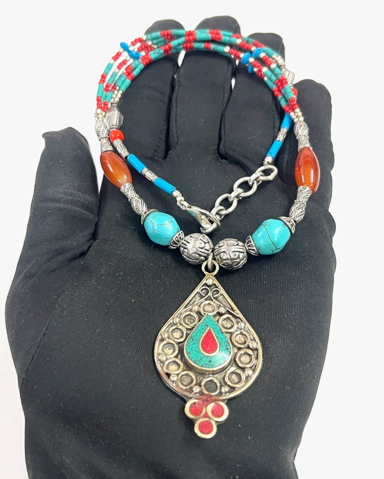 Ethnic Turquoise Carnelian Gemstone Tibetan Necklace Jewelry, 16 Inc Adjst