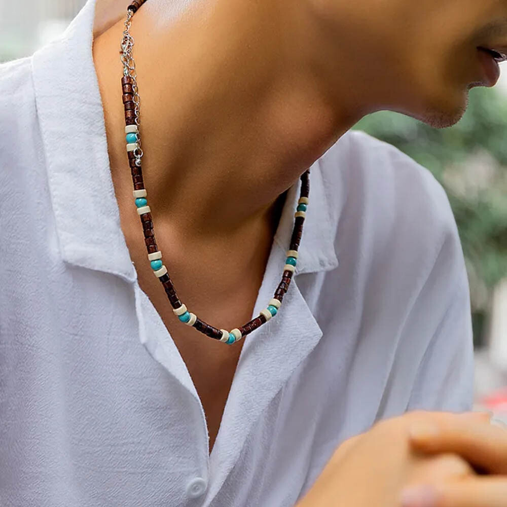Bohemian Surfer Necklace For Men – Wood & Turquoise Beads, Adjustable 18″+2.7″