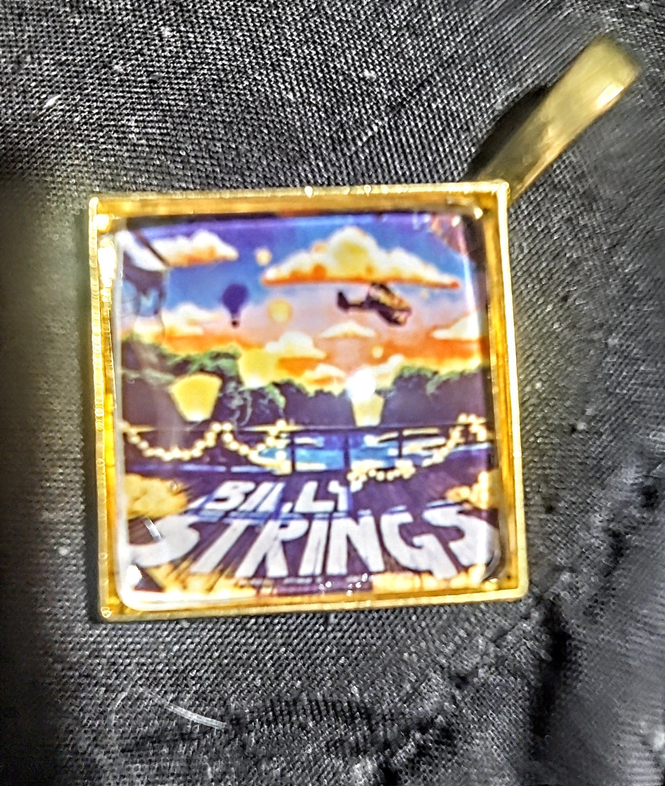 Billy Strings Square Gold Tone Metal Charm Pendant, Multicolor Graphic, No Stone