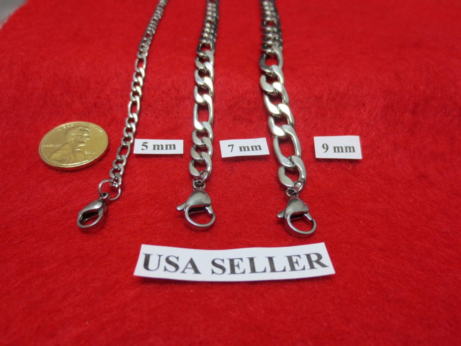 5/7/9 MM Men, Boys 7-40″ Stainless Steel Silver Designer Figaro Chain Necklace