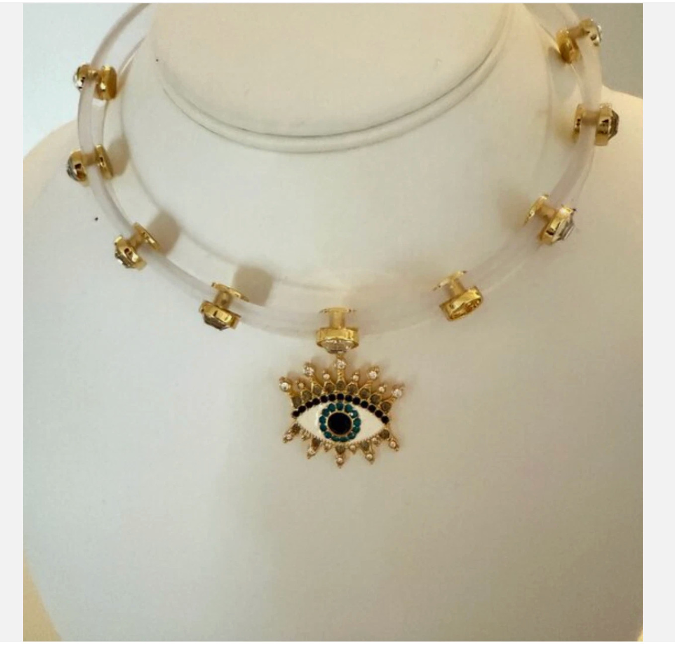 NWT Kurt Geiger London Clear Jelly Crystal Pavé Evil Eye Choker Necklace 15”