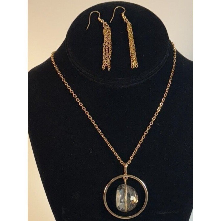 Necklace Lot Gold Tone Hoop and Bead Pendant Matching Chain Dangle Earrings