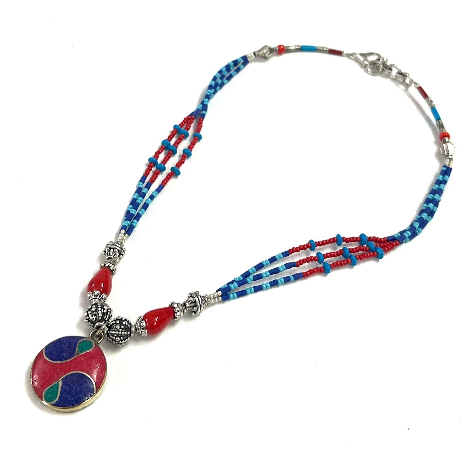 Ethnic Coral Lapis Gemstone Tibetan Art Deco Necklace Jewelry, 17 inch Adjus