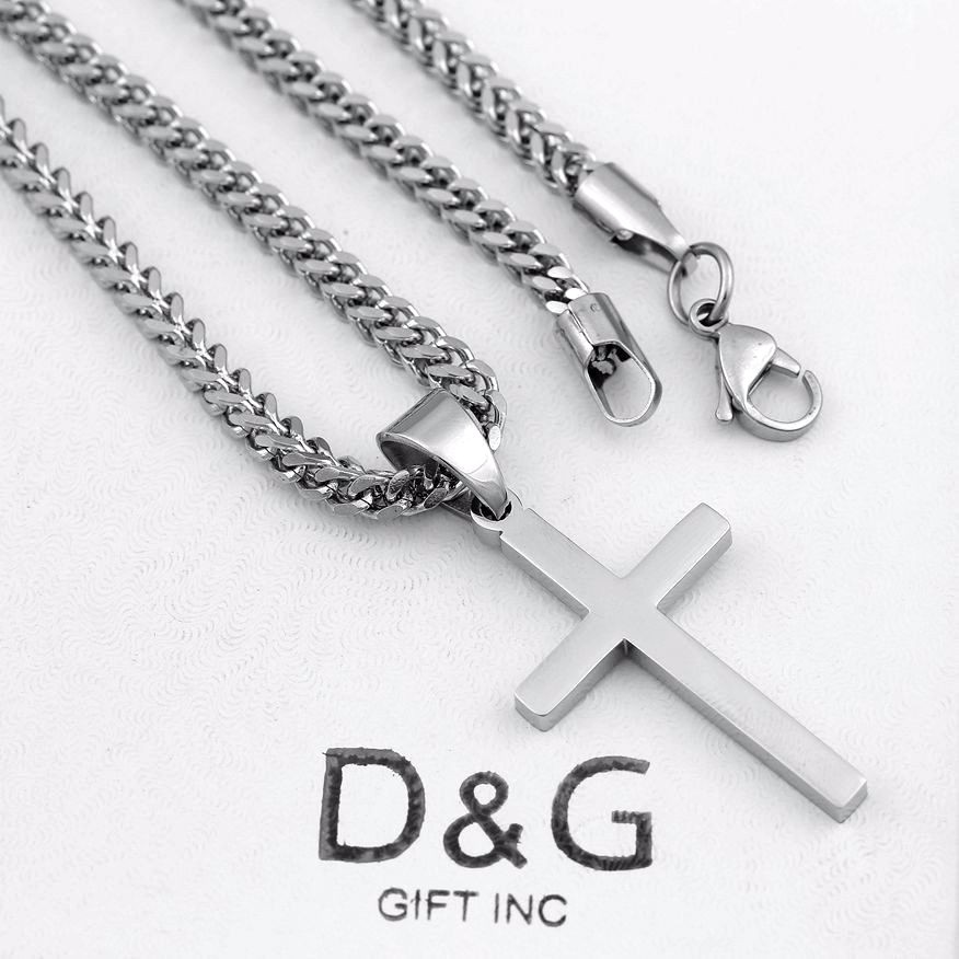 DG Men’s Stainless Steel,CROSS Pendant 24″ Franco Chain Necklace High Polish*Box