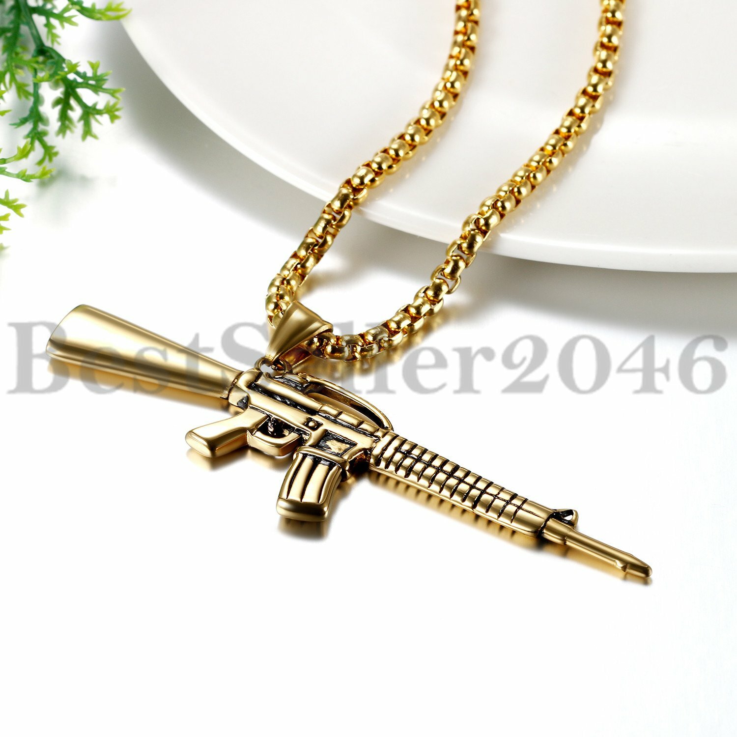 Mens Boys Stainless Steel Rifle Gun Military Army Jewelry Pendant Necklace 22″