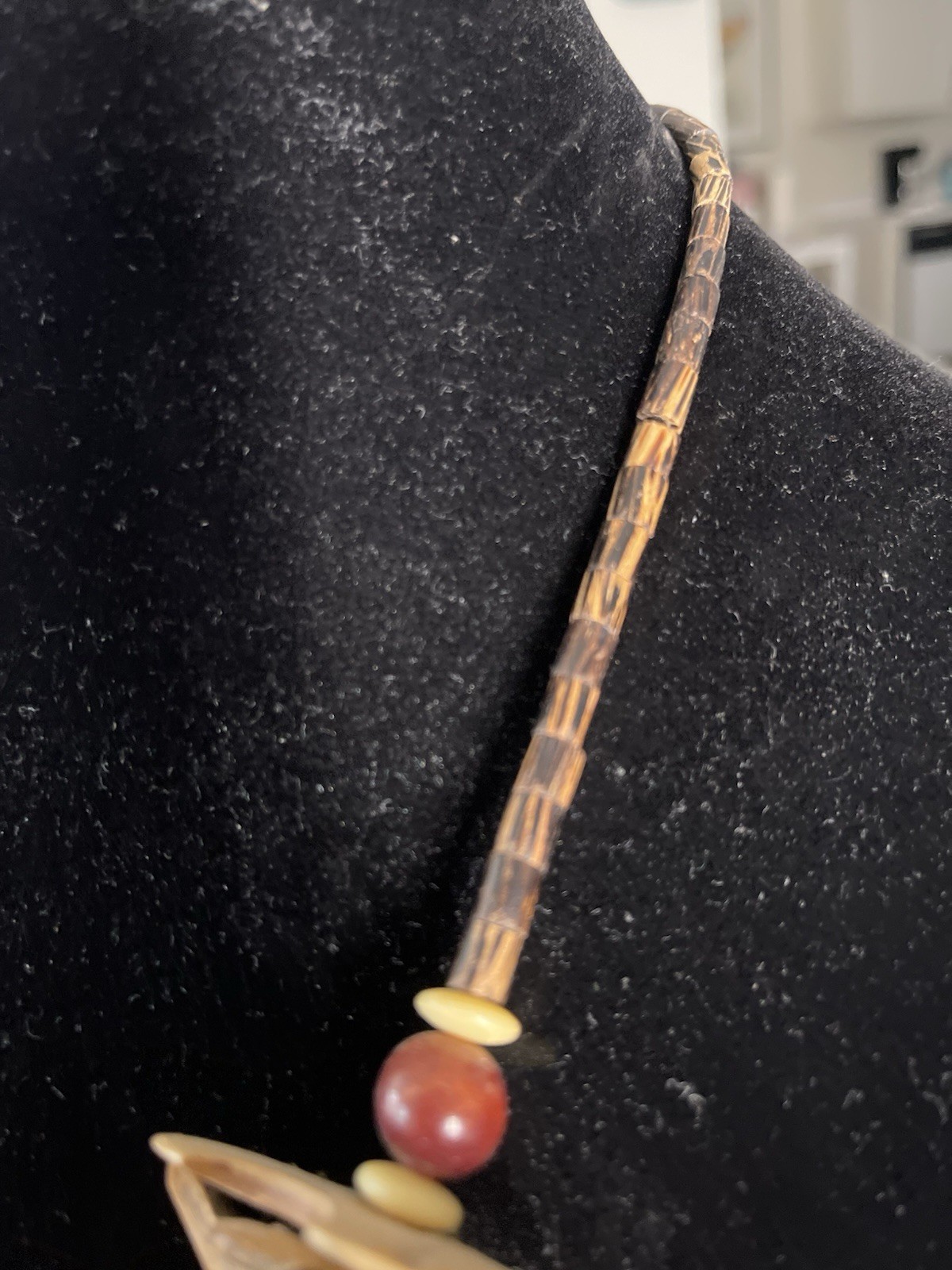 Statement Bohemian Beaded Necklace Brown Cord Gold & Purple Wood Chip Beads