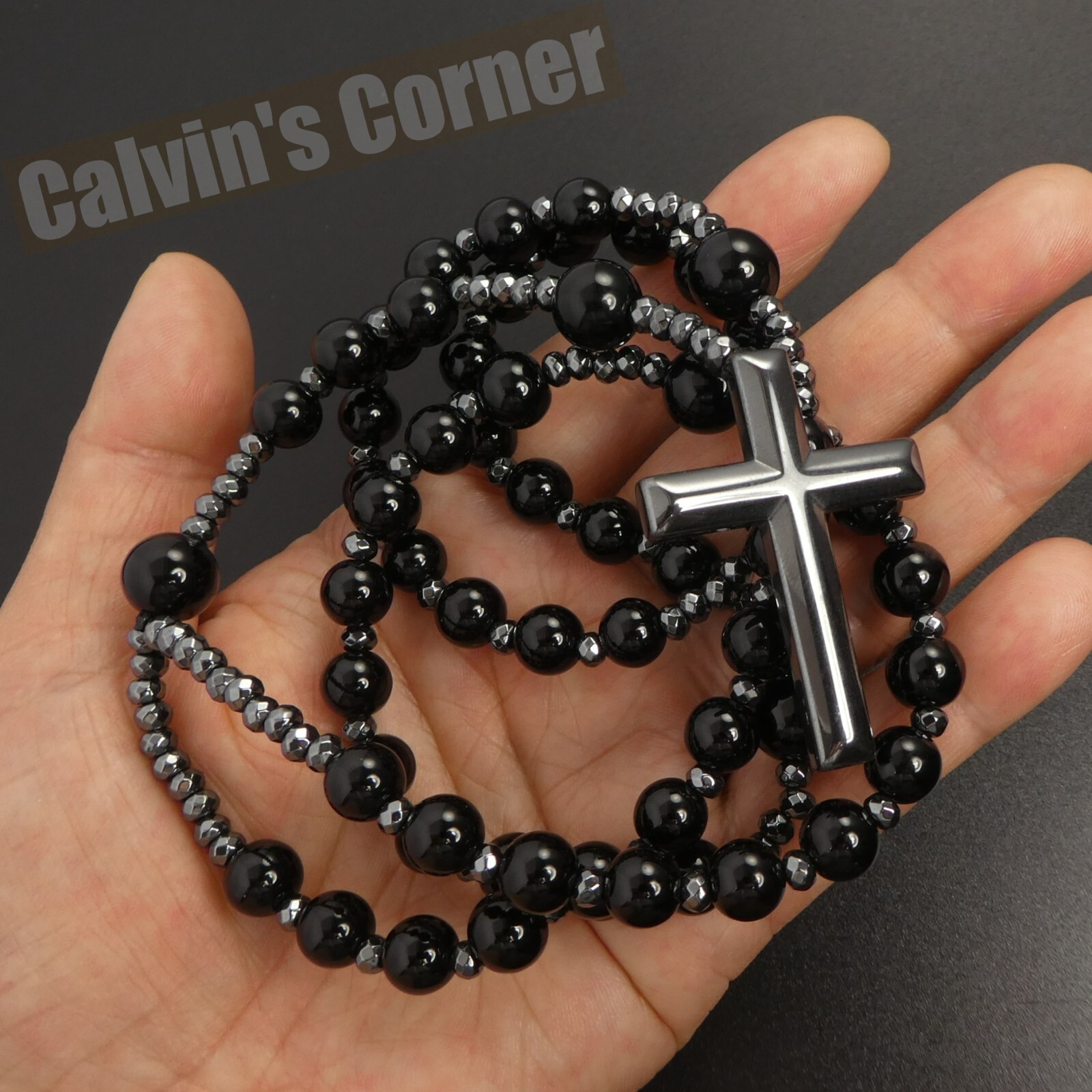 Black Onyx Bead Hematite Cross Rosary Necklace Catholic Men Women Gift Hanging