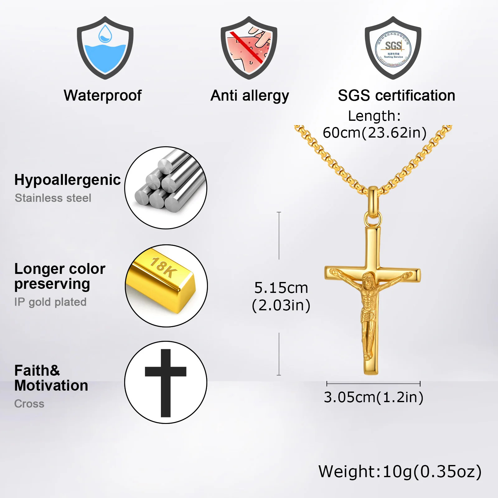 Waterproof Crucifix Cross Necklace for Men Boys,Stainless Steel Catholic Cross P