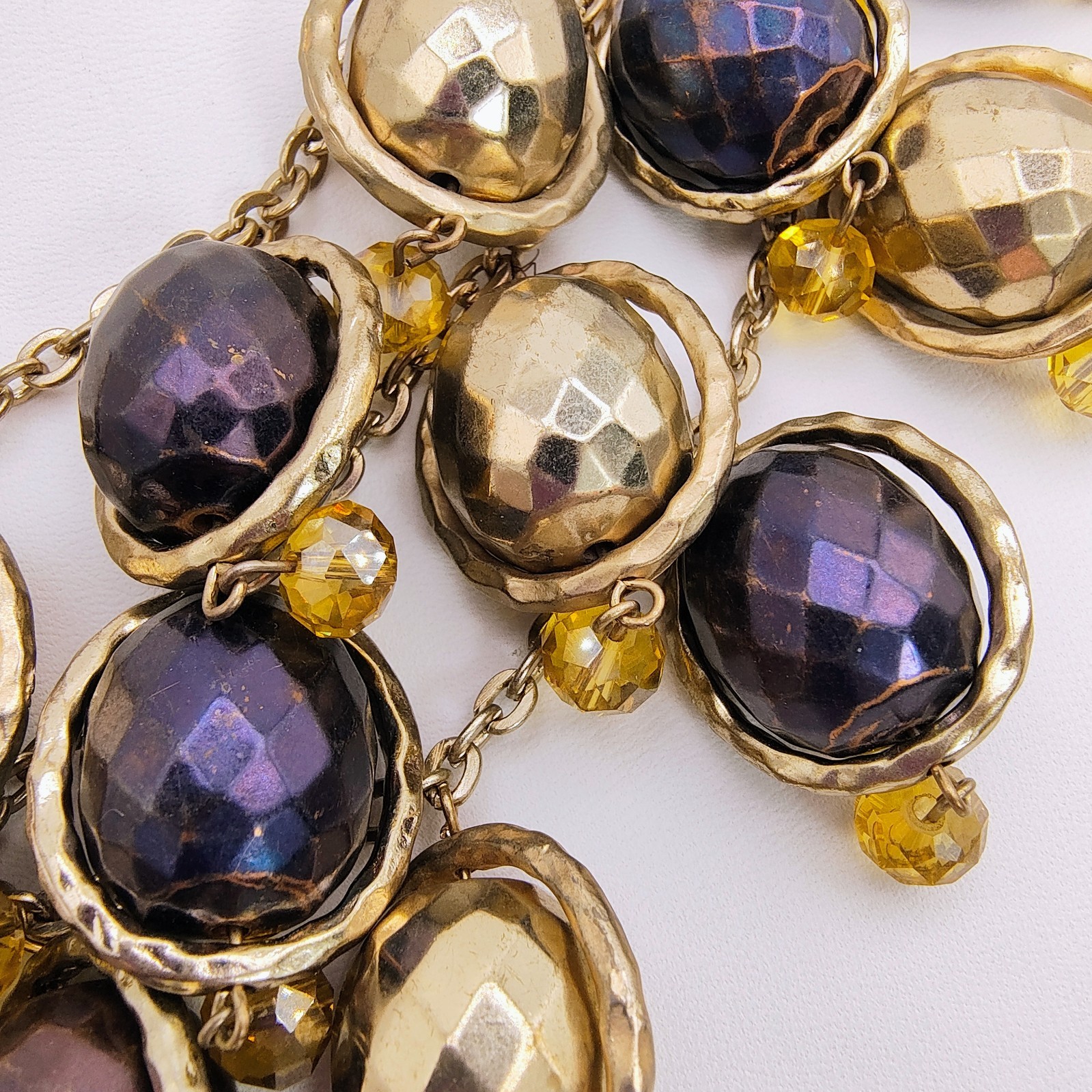 Hammered Bead Bib Statement Necklace Gold Tone Plum Purple Chunky Maximalist