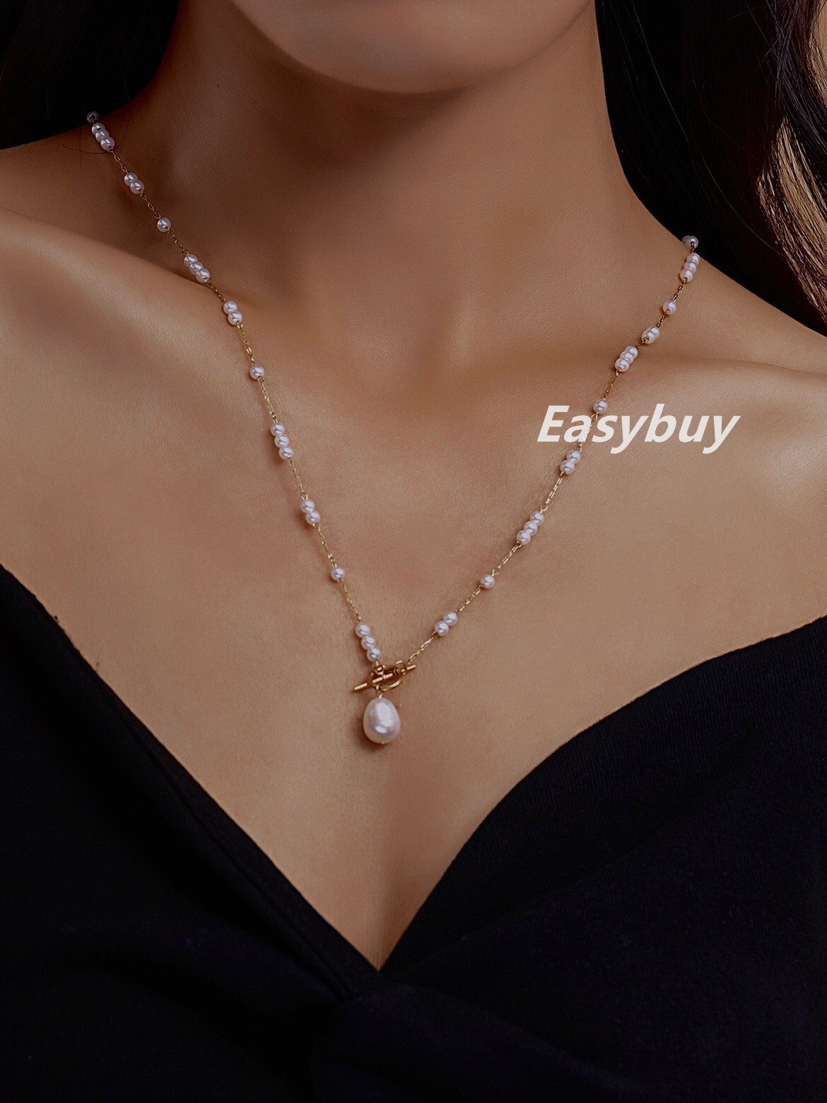 Woman 18K Gold Plated Pure Nature Freshwater Pearl Charm Chain Necklace Toggle