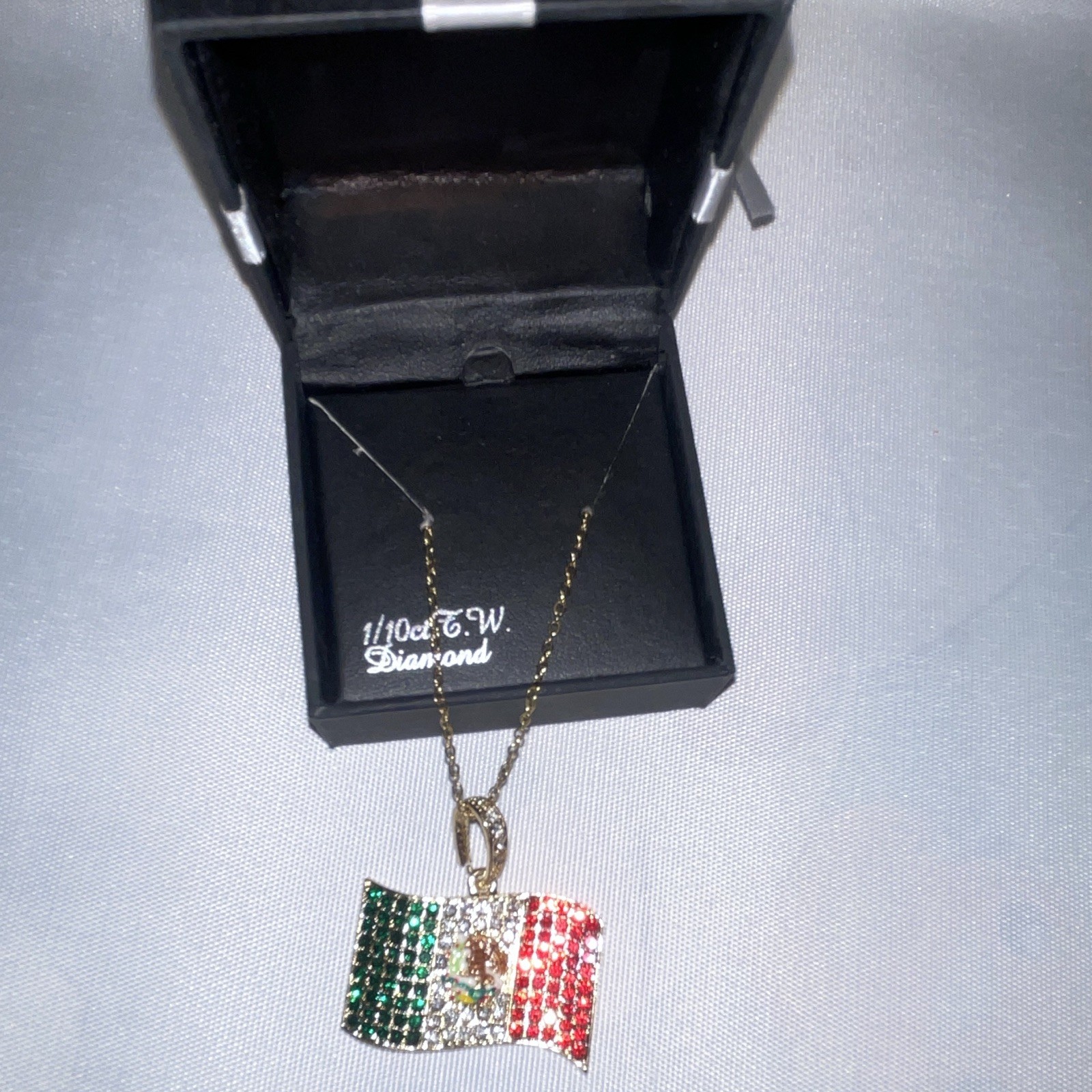 Multicolor Mexican Flag Pavé Charm Pendant Metal Cable Chain Necklace