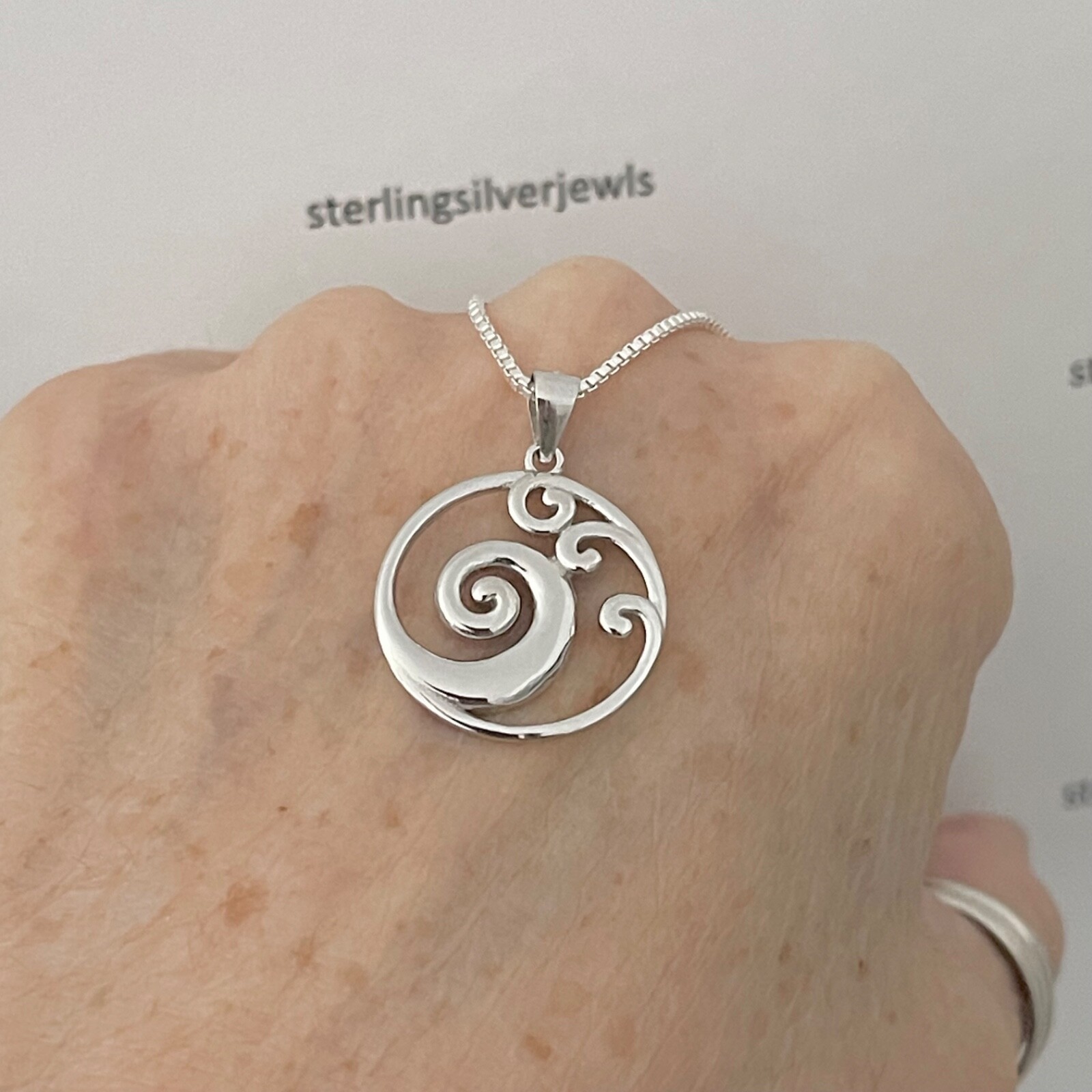 Sterling Silver Round Waves Necklace, Silver Necklaces, Ocean Wave Necklace