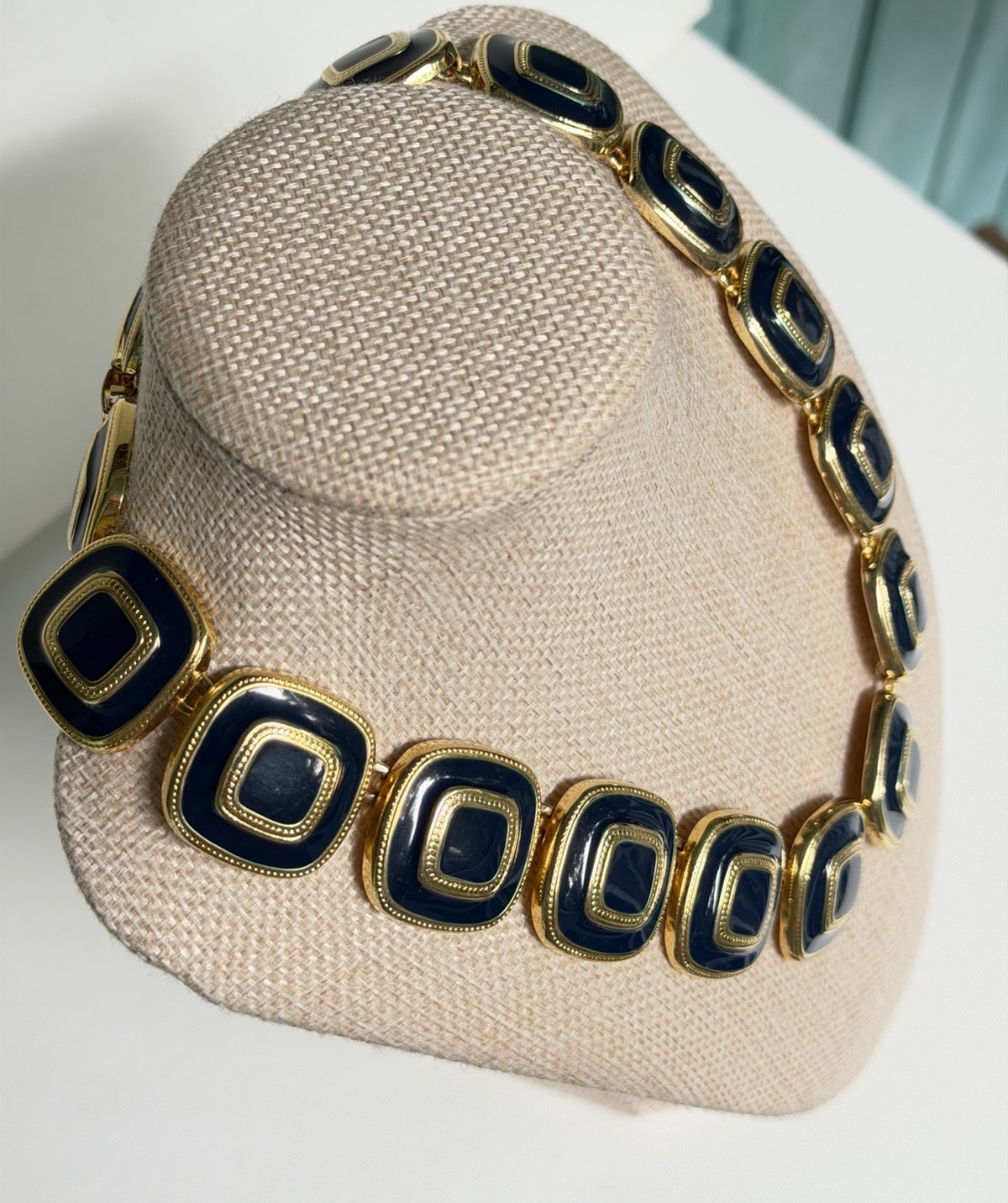 Vintage Gold Tone Navy Blue Enamel Geometric Statement Necklace Choker Collar