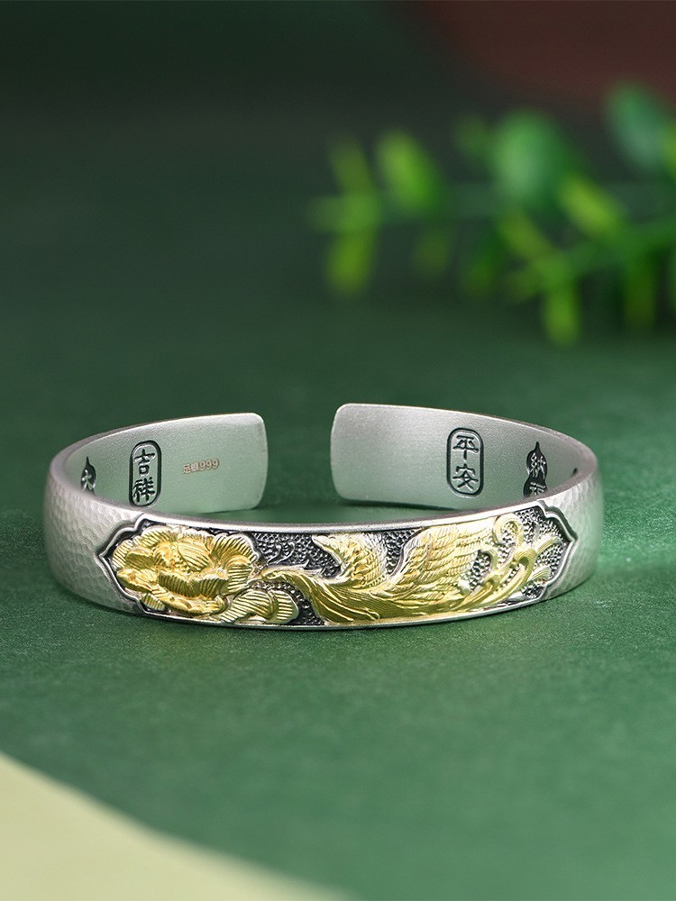 Gilded Phoenix Peony Wide Cuff Bangle Chinese Blessing 999 Solid FineSilver Gold