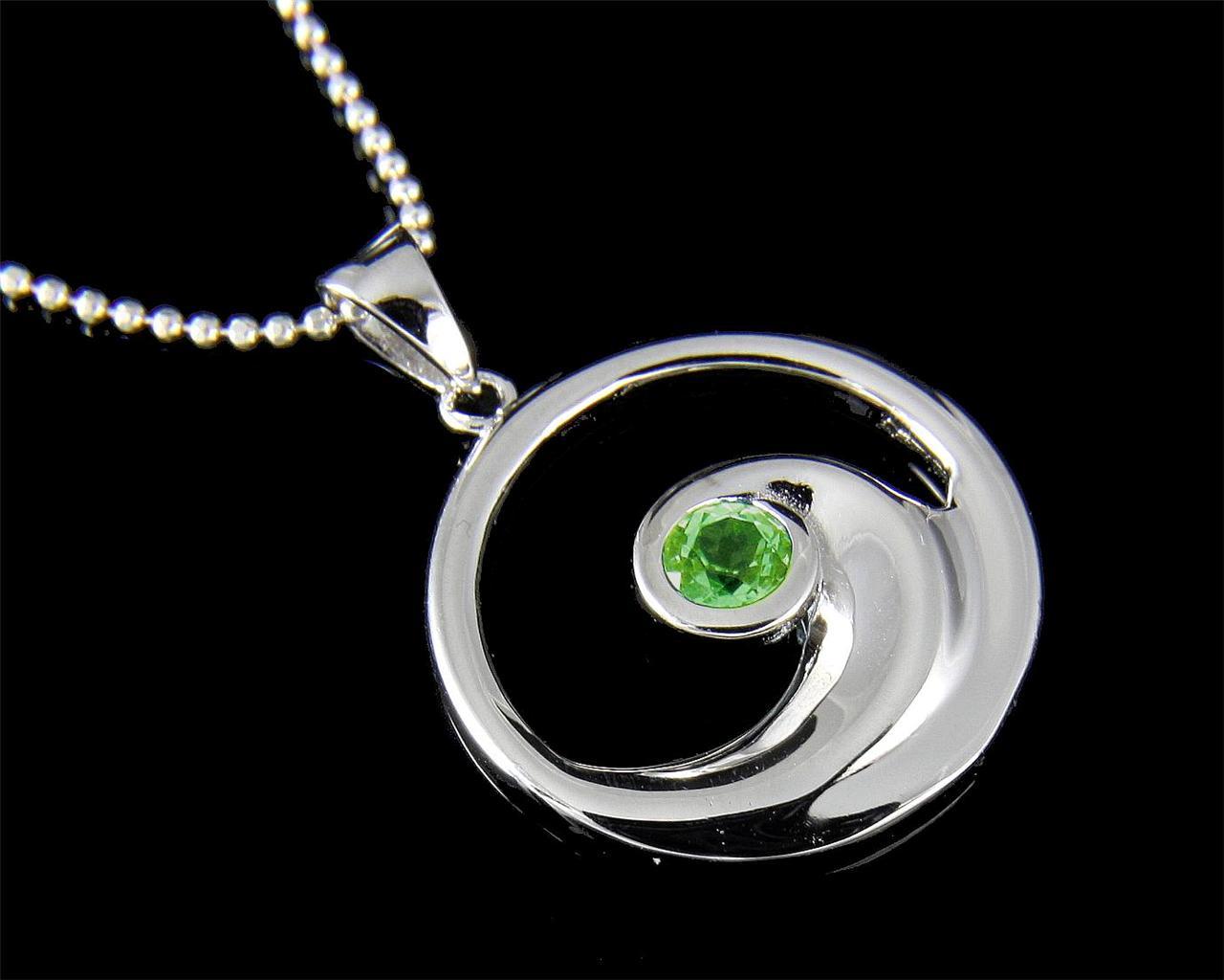 GENUINE PERIDOT SILVER 925 HAWAIIAN OCEAN WAVE PENDANT ROUND RHODIUM 19.25MM