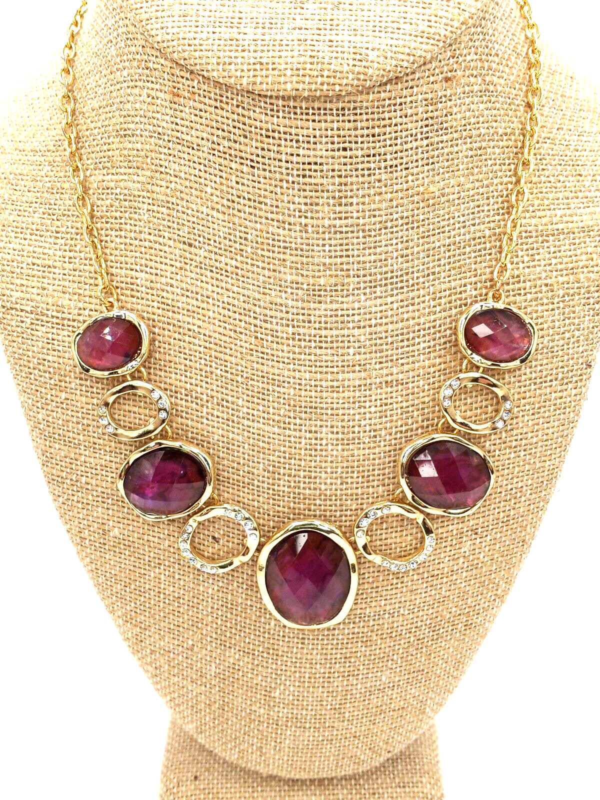 Purple Faceted Acrylic Gem and Colorless Rhinestone in Gold Tone Necklace Marked