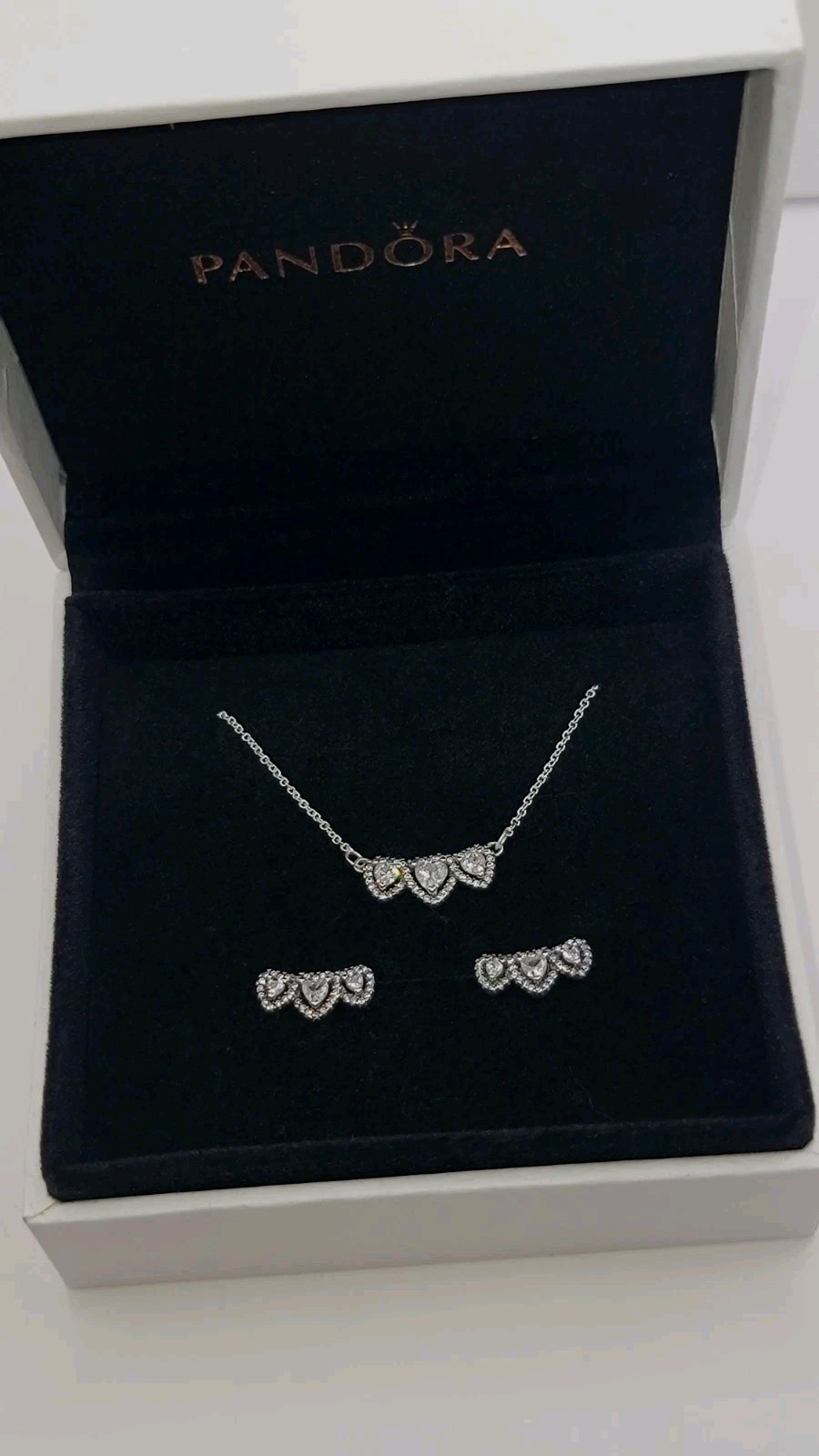 Authentic PANDORA 925 Halo Heart Trilogy Collier Necklace & Earrings Gift Set Z4