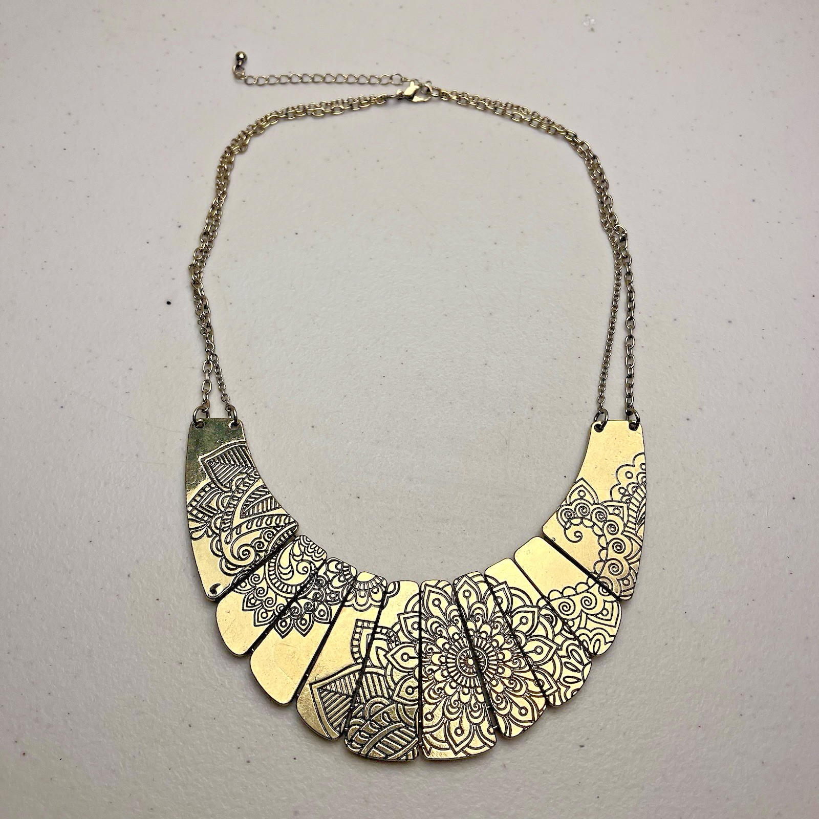 Gold Tone Bib Necklace Mandala Engraved Costume Jewelry Statement Adjustable 22″