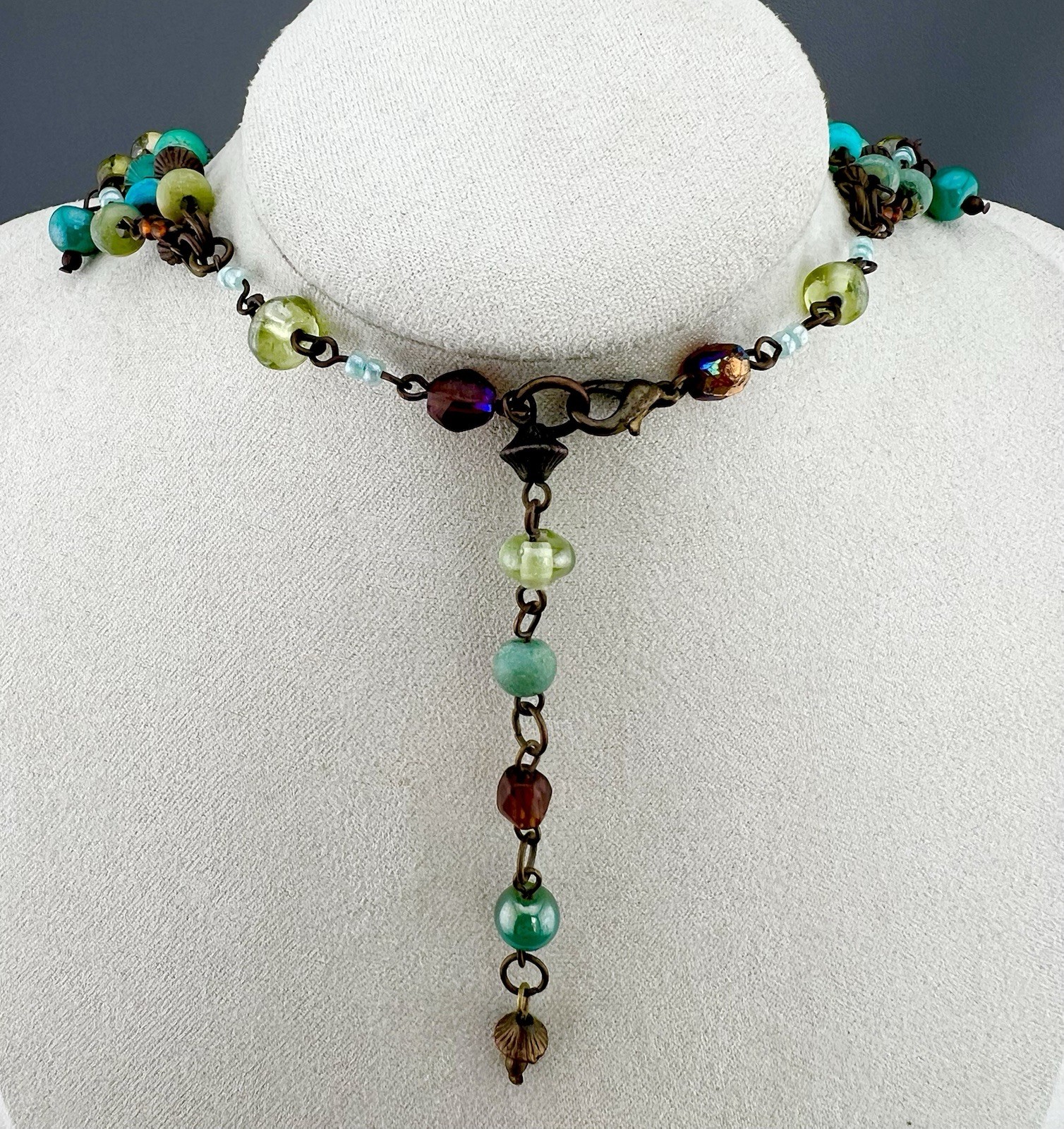 Layered Beaded Necklace Boho Blue Brown Green Glass Multi Strand Bronze Tone 18”