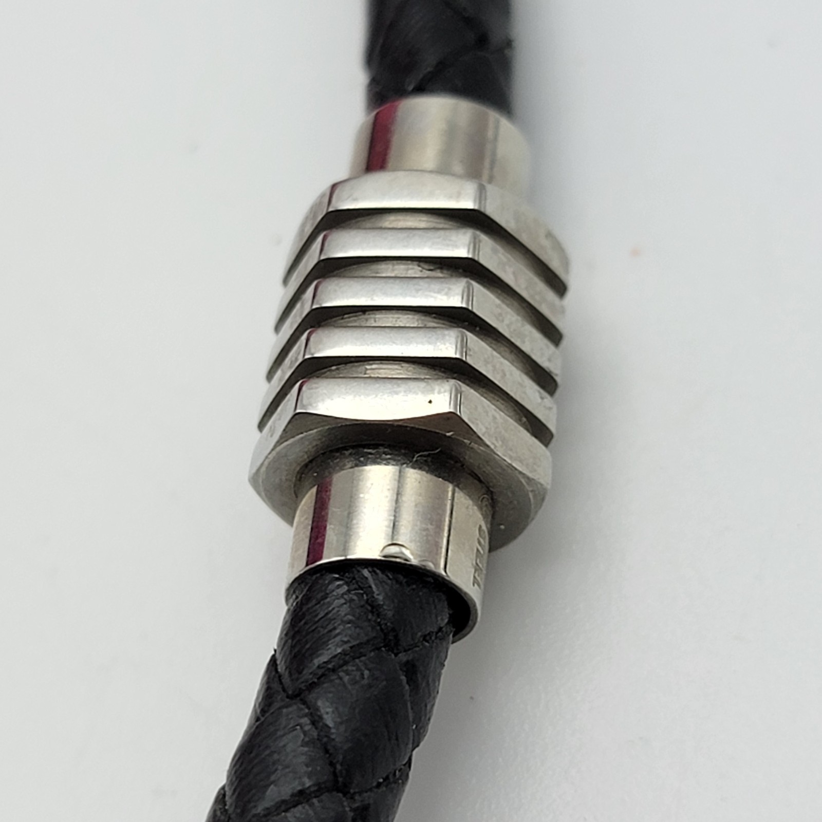 Bolt Nut Charm Black Leather Cord Choker Necklace 20″ Braided Stainless Steel