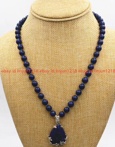 Natural Blue Egyptian Lapis Lazuli Gemstone Round Beads Drop Pendant Necklace